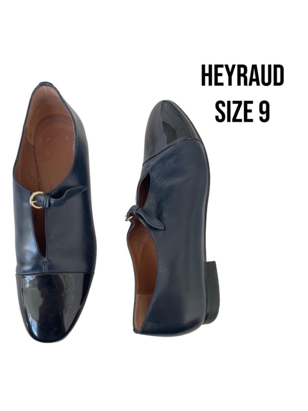 Heyraud navy black leather patent color block flats loafers